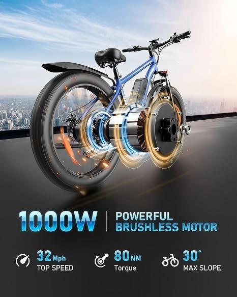 1000W Electric Bike for Adults - 26" Fat Tire eBike, 48V 15Ah, 22mph, Shimano 7-Speed - SYX MOTO