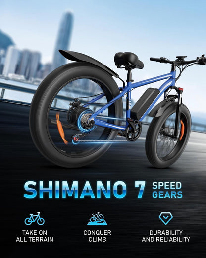 1000W Electric Bike for Adults - 26" Fat Tire eBike, 48V 15Ah, 22mph, Shimano 7-Speed - SYX MOTO