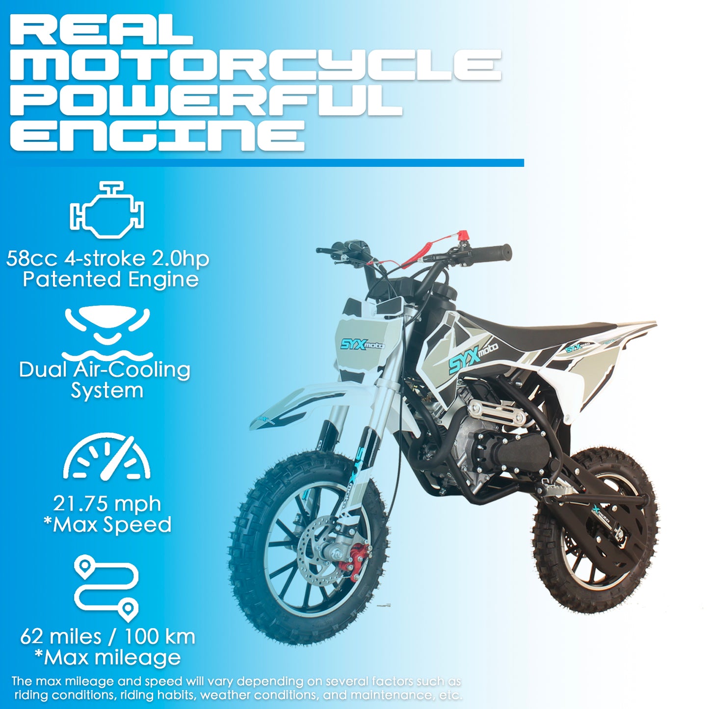 SYX MOTO VK 58cc 4 Stroke Real Motorcycle Engine Pull Start Mini Dirt Bike - SYX MOTO